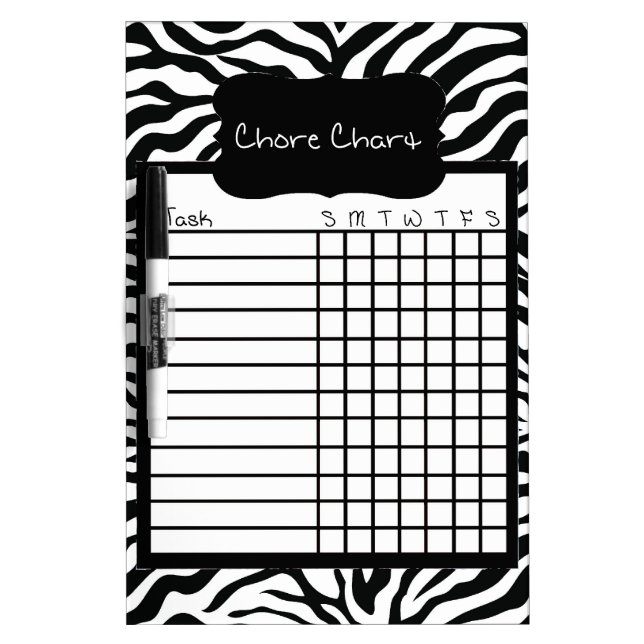 Black and White Zebra Stripe Chore Chart Dry Erase Board (Front)