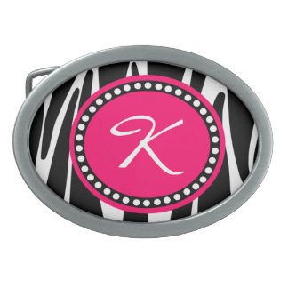 Black and White Zebra Stripe With Hot Pink Initial Oval Belt Buckle