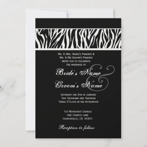 Black and White Zebra Wedding Metallic Paper Personalized Invite