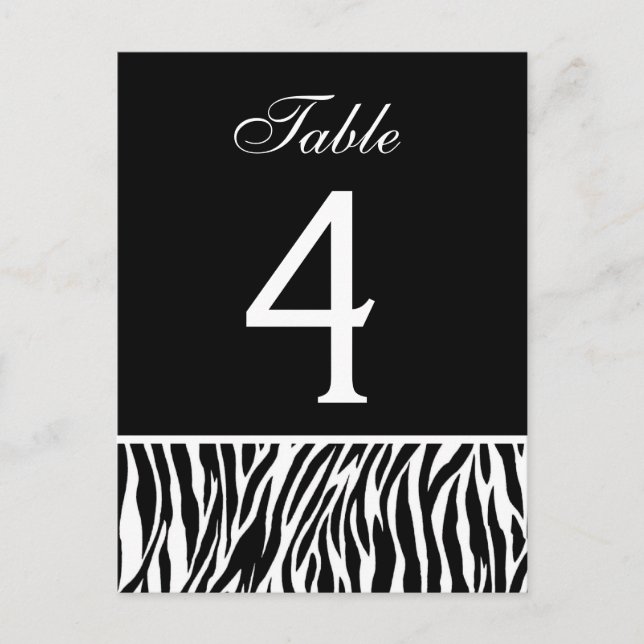 Black and White Zebra Wedding Table Number Card (Front)