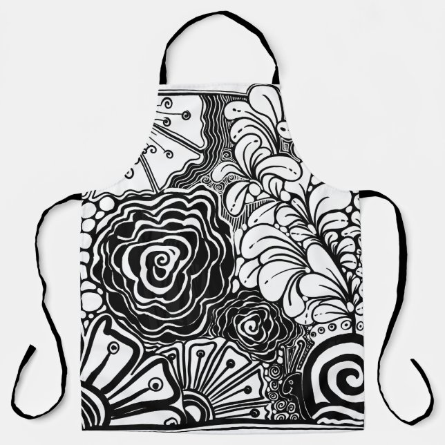 Black And White Zen Floral Patterned Drawing Apron (Front)