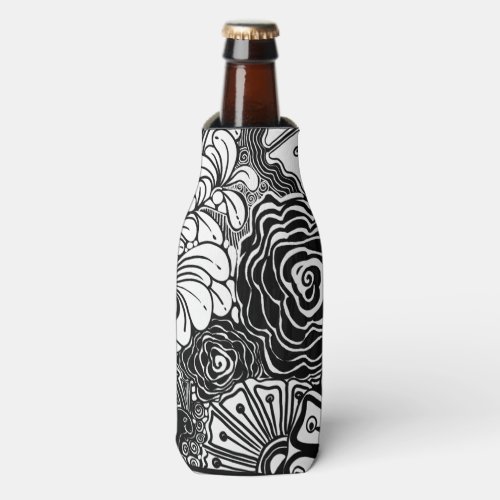 Black And White Zen Floral Patterned Drawing  Bottle Cooler