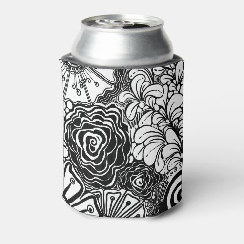 Black And White Zen Floral Patterned Drawing  Can Cooler