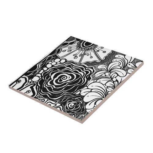 Black And White Zen Floral Patterned Drawing Ceramic Tile