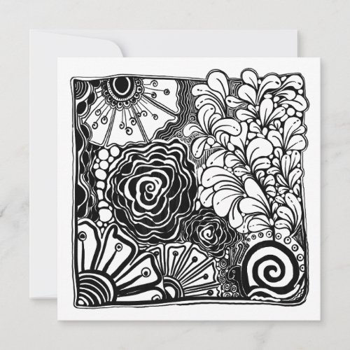 Black And White Zen Floral Patterned Drawing Holiday Card