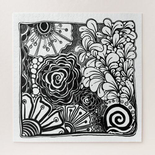 Black And White Zen Floral Patterned Drawing Jigsaw Puzzle