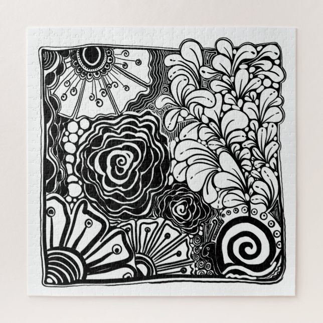 Black And White Zen Floral Patterned Drawing Jigsaw Puzzle (Vertical)