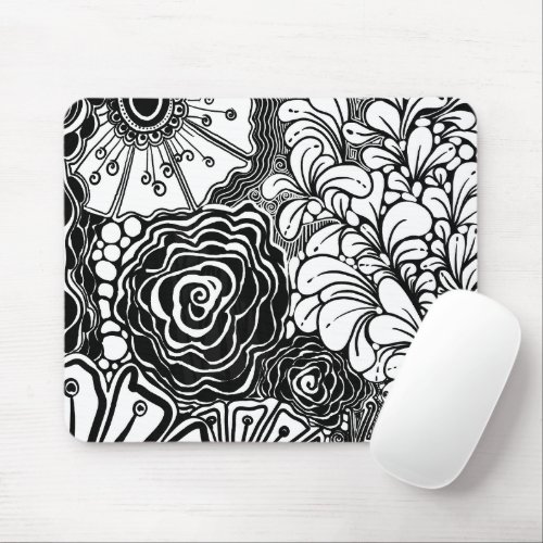 Black And White Zen Floral Patterned Drawing Mouse Pad