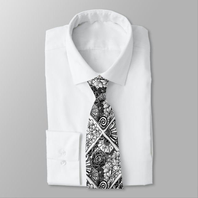 Black And White Zen Floral Patterned Drawing Neck Tie (Tied)
