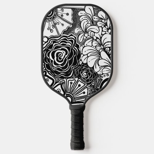Black And White Zen Floral Patterned Drawing Pickleball Paddle