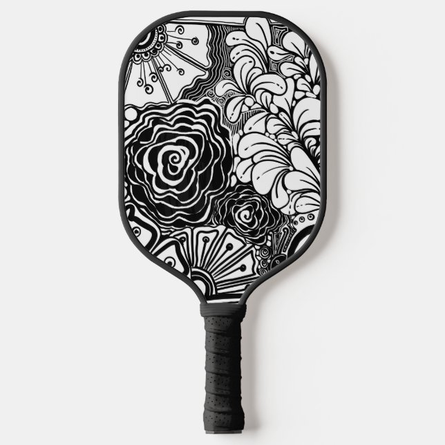 Black And White Zen Floral Patterned Drawing Pickleball Paddle (Front)
