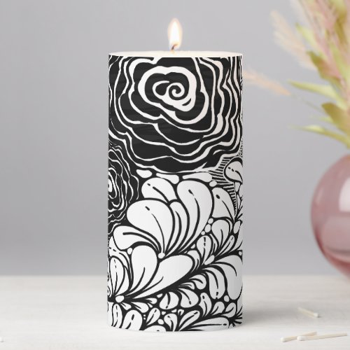 Black And White Zen Floral Patterned Drawing Pillar Candle