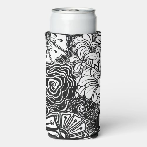 Black And White Zen Floral Patterned Drawing  Seltzer Can Cooler