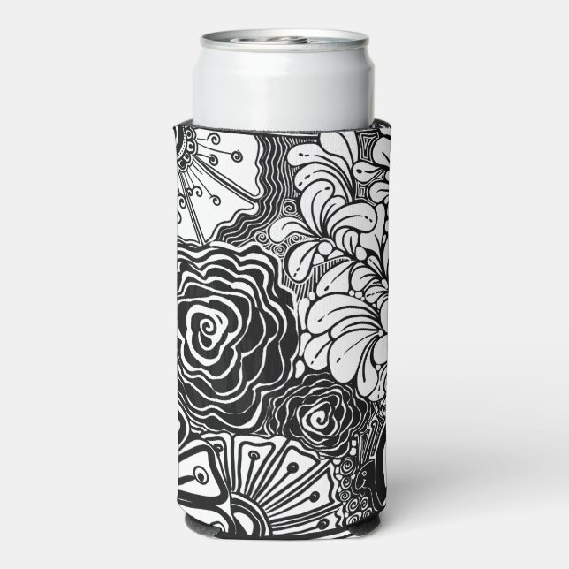 Black And White Zen Floral Patterned Drawing  Seltzer Can Cooler (Seltzer Back)