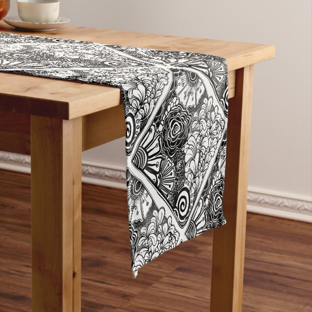 Black And White Zen Floral Patterned Drawing Short Table Runner (In Situ)
