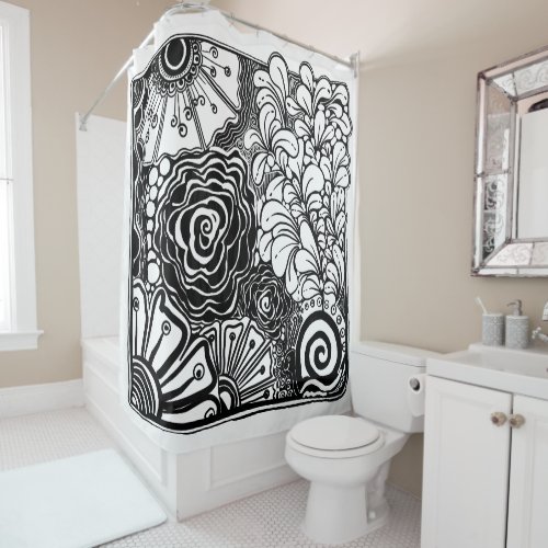 Black And White Zen Floral Patterned Drawing Shower Curtain