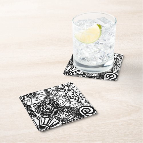 Black And White Zen Floral Patterned Drawing Square Paper Coaster
