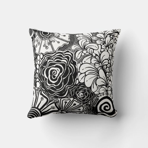 Black And White Zen Floral Patterned Drawing Throw Pillow