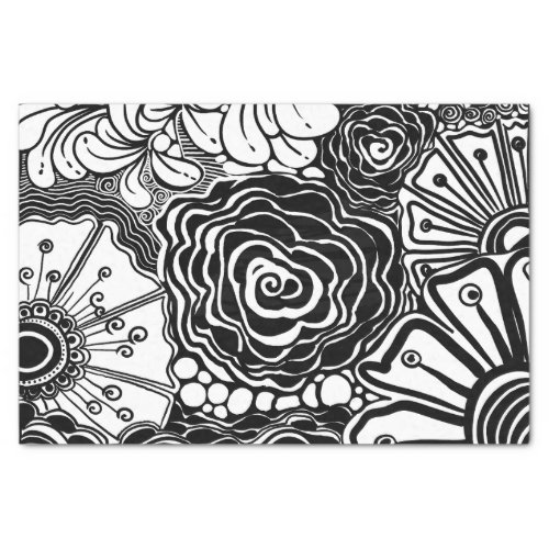 Black And White Zen Floral Patterned Drawing Tissue Paper