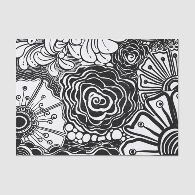 Black And White Zen Floral Patterned Drawing Tissue Paper (Front)