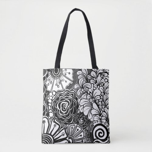 Black And White Zen Floral Patterned Drawing Tote Bag