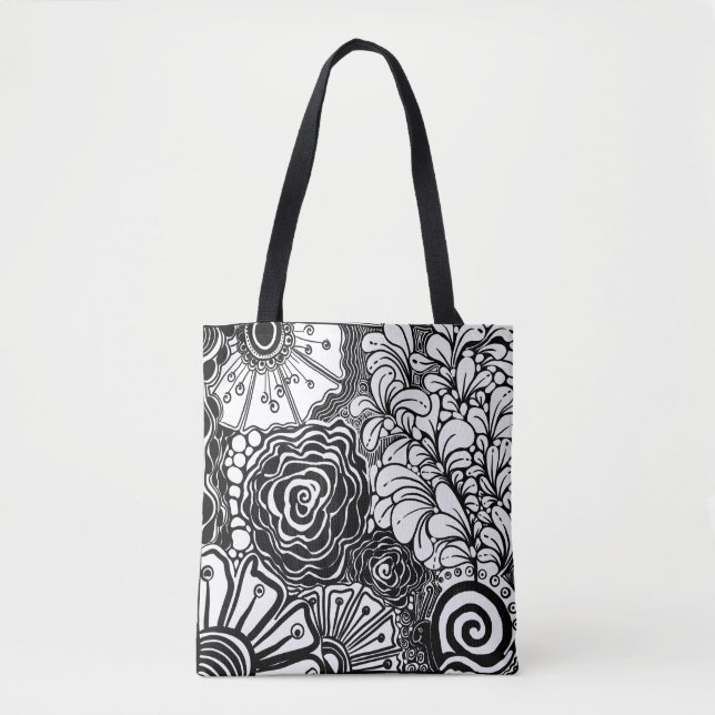 Black And White Zen Floral Patterned Drawing Tote Bag (Front)