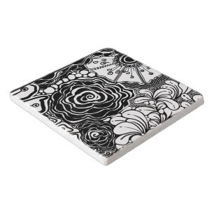 Black And White Zen Floral Patterned Drawing Trivet