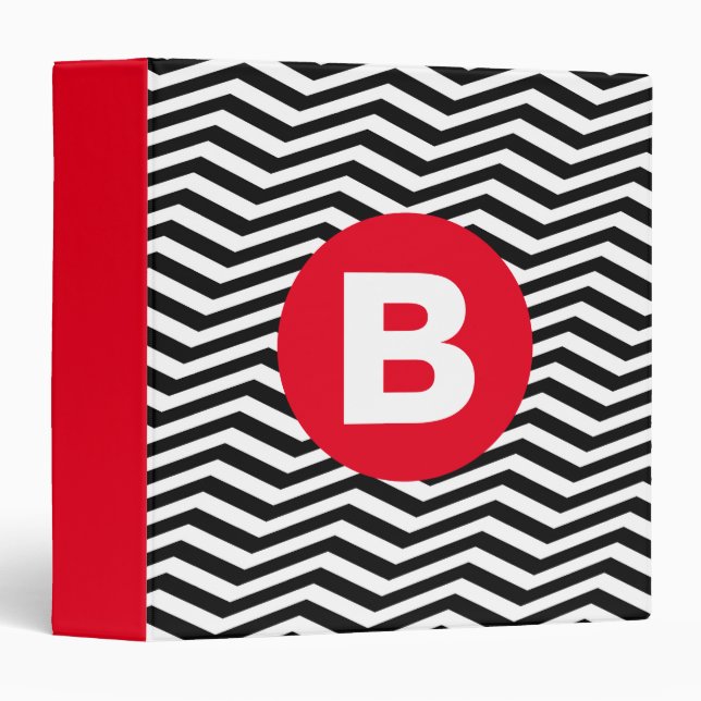 Black and White Zig Zag Pattern Red Monogram 3 Ring Binder (Front/Spine)