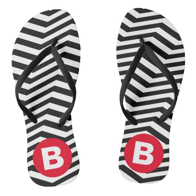 Black and White Zig Zag Pattern Red Monogram Flip Flops (Footbed)