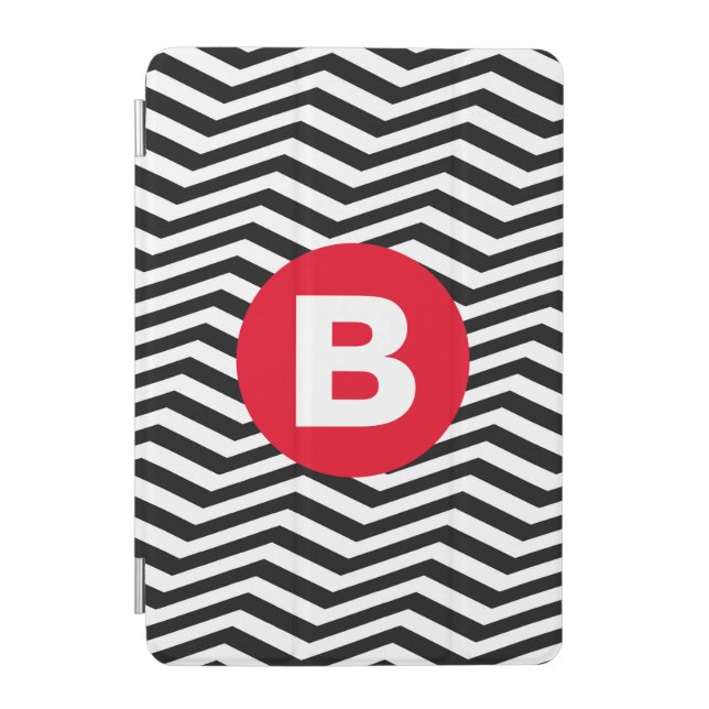 Black and White Zig Zag Pattern Red Monogram iPad Mini Cover (Front)