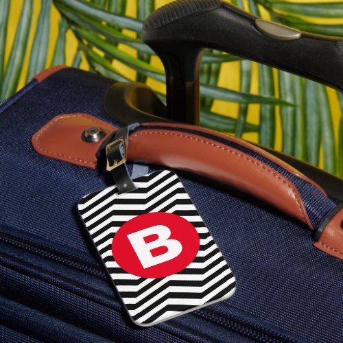 Black and White Zig Zag Pattern Red Monogram Luggage Tag