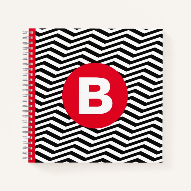 Black and White Zig Zag Pattern Red Monogram Notebook (Front)