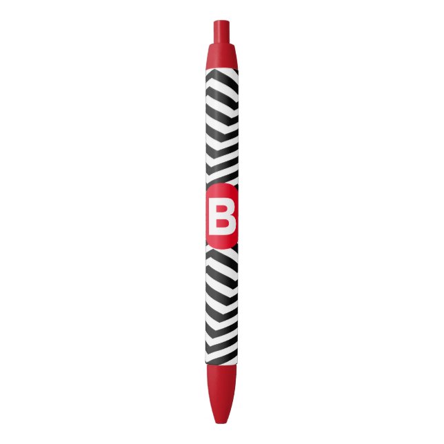 Black and White Zig Zag Pattern Red Monogram Pen (Front Vertical)