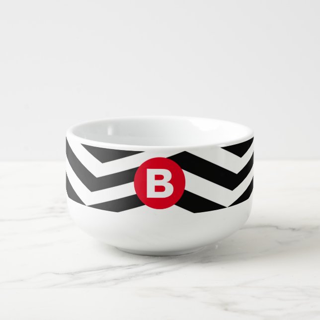 Black and White Zig Zag Pattern Red Monogram Soup Mug (Front)
