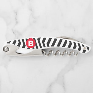 Black and White Zig Zag Pattern Red Monogram Waiter's Corkscrew