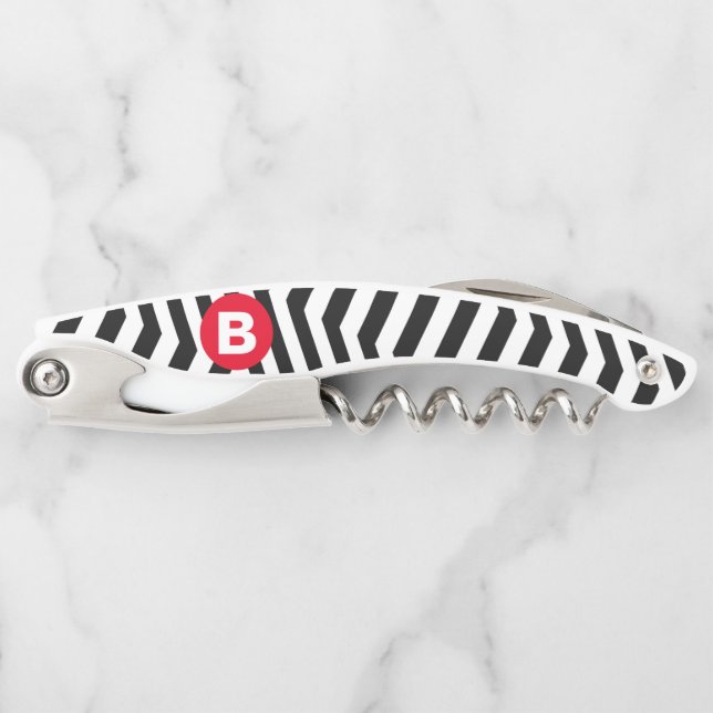 Black and White Zig Zag Pattern Red Monogram Waiter's Corkscrew (Front)