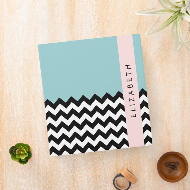 Black and White Zigzag, Chevron, Blue, Your Name 3 Ring Binder (In Situ)