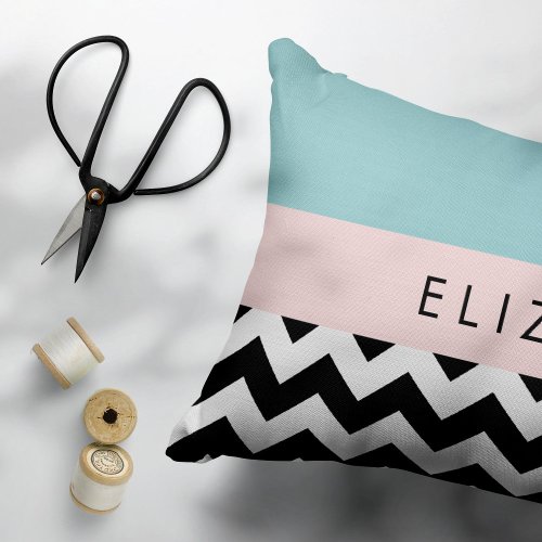 Black and White Zigzag Chevron Blue Your Name Accent Pillow