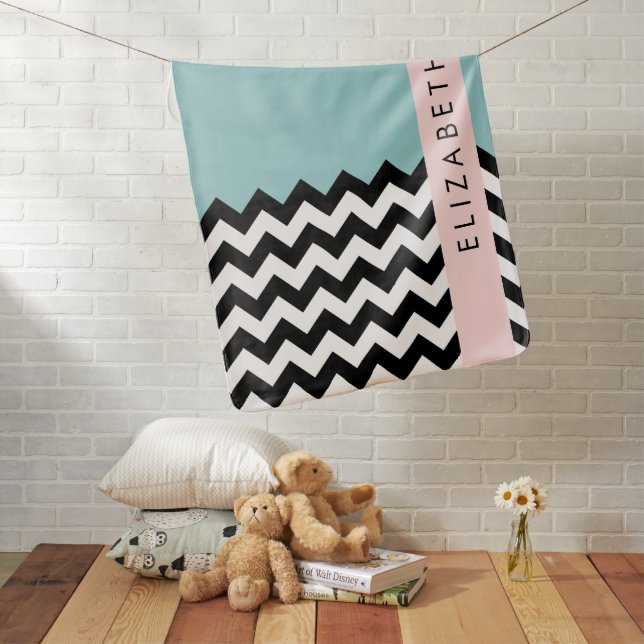 Black and White Zigzag, Chevron, Blue, Your Name Baby Blanket (In Situ)