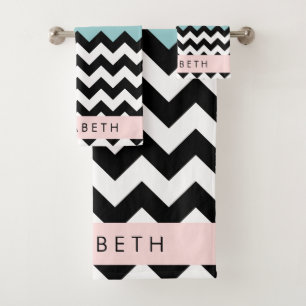 Black and White Zigzag, Chevron, Blue, Your Name Bath Towel Set