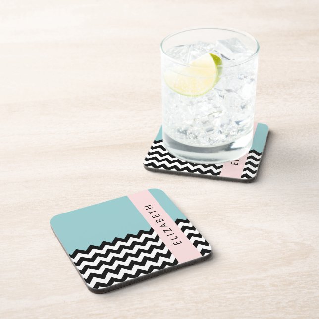 Black and White Zigzag, Chevron, Blue, Your Name Beverage Coaster (Right Side)