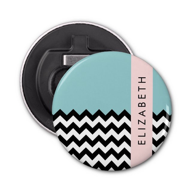Black and White Zigzag, Chevron, Blue, Your Name Bottle Opener (Front)