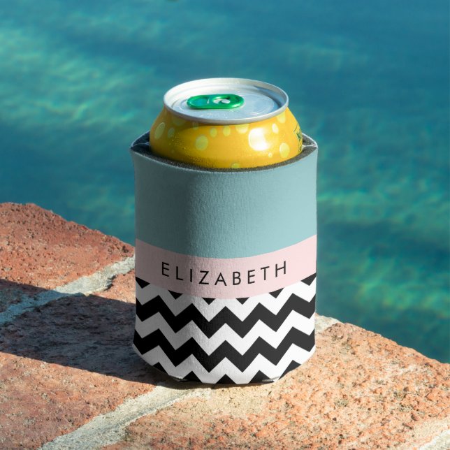 Black and White Zigzag, Chevron, Blue, Your Name Can Cooler (In Situ Pool)