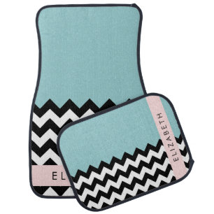 Black and White Zigzag, Chevron, Blue, Your Name Car Floor Mat