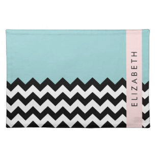 Black and White Zigzag, Chevron, Blue, Your Name Cloth Placemat