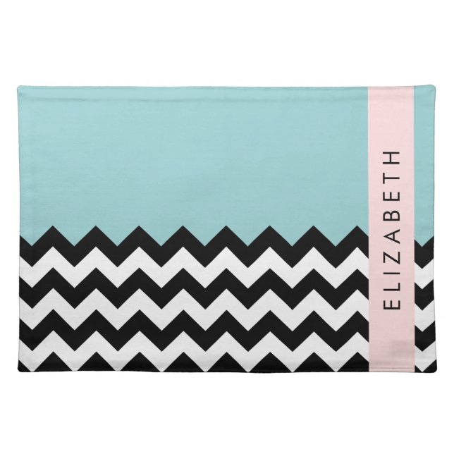 Black and White Zigzag, Chevron, Blue, Your Name Cloth Placemat (Front)