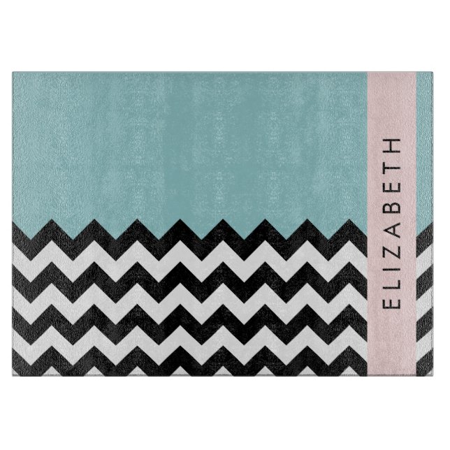 Black and White Zigzag, Chevron, Blue, Your Name Cutting Board (Front)