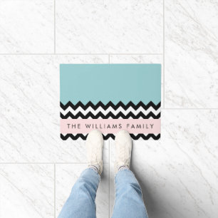 Black and White Zigzag, Chevron, Blue, Your Name Doormat