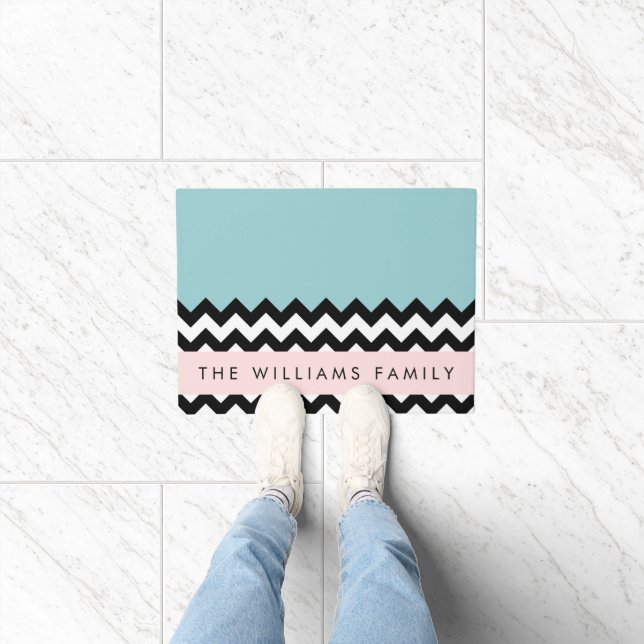 Black and White Zigzag, Chevron, Blue, Your Name Doormat (Indoor)