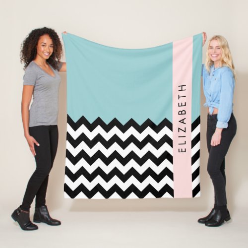 Black and White Zigzag Chevron Blue Your Name Fleece Blanket